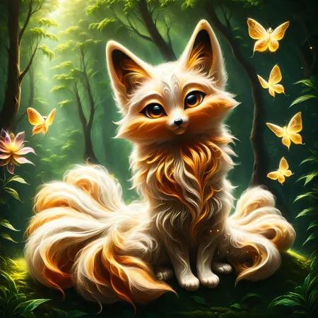 (zPDXL:1.3) BREAK kitsune made of mad-wsps, (nine massive tails:1.2), white fox, furry, lush fur, beautiful crystal clear eyes, (cute:1.2), full body,(from side, head tilt:1.4),zhibi, sitting ,transparent glowing butterflies made of mad-wsps, chibi, looking at viewer, (in magical forest:1.2), aethereal, mysterious,
BREAK high contrast, best quality, highres, extremely detailed ,8k, sharp, crisp, trending on artstation, (aesthetic,intricate details, Rutkowski inspired intricacies:1.4), dramatic lighting, (cinematic:1.2), octane render, vivid colors,
<lora:add-detail-xl:2.0> , <lora:quality1:0.8>, <lora:zhibi:1.2> , <lora:Wisps_of_Light_Pony:0.75>, <lora:SDXLFaeTastic2400:1.3>