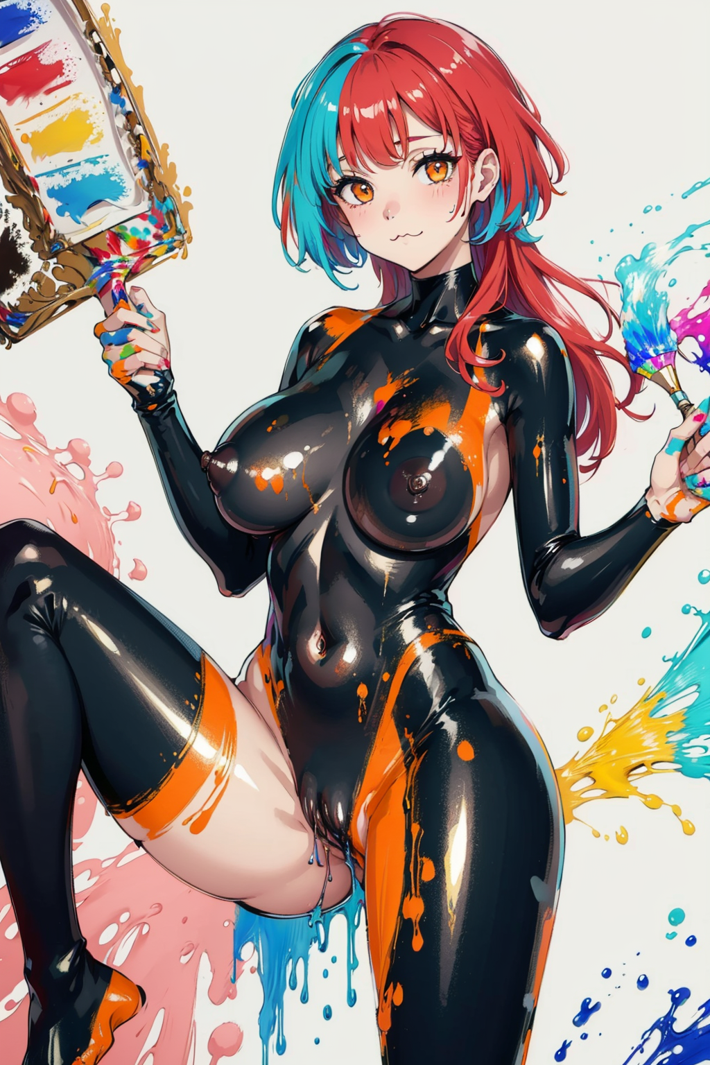 Adult woman, ((large breasts:1.4)), red hair, orange eyes, nude, painting, long hair, paint splatter, body paint, painting supplies, holding paintbrush, pussy, (:3:1.5), looking at viewer, cute, wholesome, ((paint all over body:1.8, paint stains on body:1.8, (painted colorful latex bodysuit:1.3))), rainbow paint, legs, ((nipples))