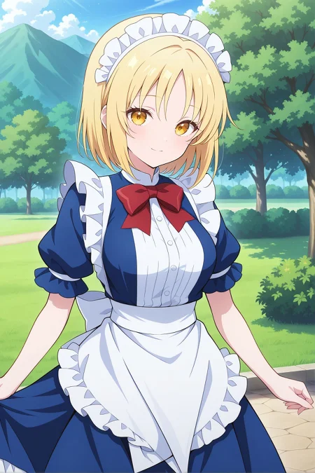 absurdres, highres, masterpiece, best quality, amazing quality, official anime artwork, screencap, anime screencap, outdoors, looking at viewer, light smile, dynamic pose, standing,
 <lora:Mugetsu_Illustrious:1> mugetsu, yellow eyes, blonde hair, short hair,, maid headress, red bowtie, blue dress, puffy short sleeves, frilled apron, waist apron, white apron,