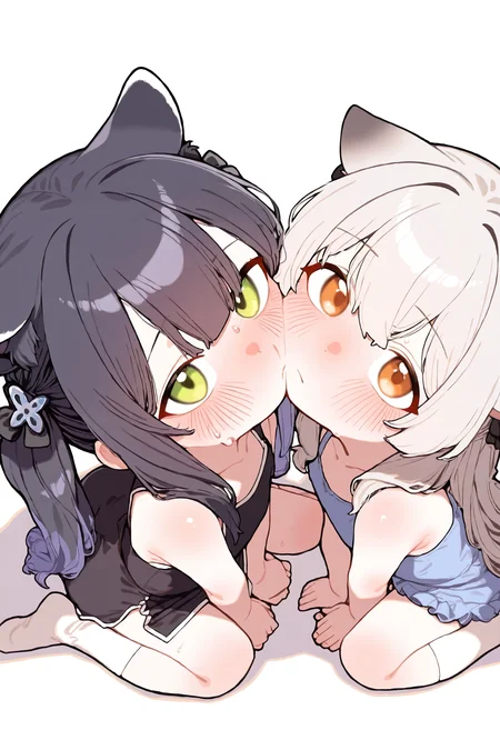 masterpiece, highres, absurdres, newest, very awa, (2girls:1.2), sunohara kokona, shun \(blue archive\), long hair, animal ears, cheek-to-cheek, sitting, wariza, :/, face focus, from above, looking at viewer, <lora:spo_sdxl_10ep_4k-data_lora_webui>, <lora:NOOB_EPSv1_1_detailer_by_vlnvk_v1_0>, <lora:noobai_ep11_stabilizer_v0.30_fp16>, <lora:rinzou777:0.9>