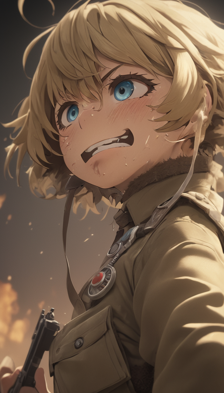 Cinematic scene, hero view, Tanya Degurechaff, Youjo Senki <lora:tanya_degurechaff_xl_v7:1>, action pose, detailed background, masterpiece, best quality, high quality, absurdres, RAW candid cinema, 16mm, color graded portra 400 film, remarkable color, ultra realistic, textured skin, remarkable detailed pupils, realistic dull skin noise, visible skin detail, skin fuzz, dry skin, shot with cinematic camera