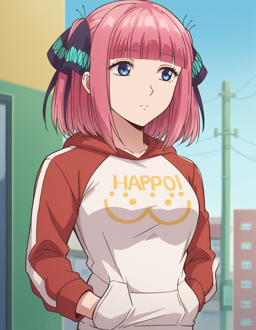 score_9, score_8_up, score_7_up, source_anime, <lora:nnakano-s1-ponyxl-lora-nochekaiser:1>, short hair, bangs, blue eyes, hair ornament, hair ribbon, pink hair, blunt bangs, two side up, butterfly hair ornament, mature female,, <lora:oppai-hoodie-ponyxl-lora-nochekaiser:1>, oppai hoodie, hoodie, raglan sleeves, clothes writting, hands in pocket,, outdoors, street,, cowboy shot, dutch angle, solo,