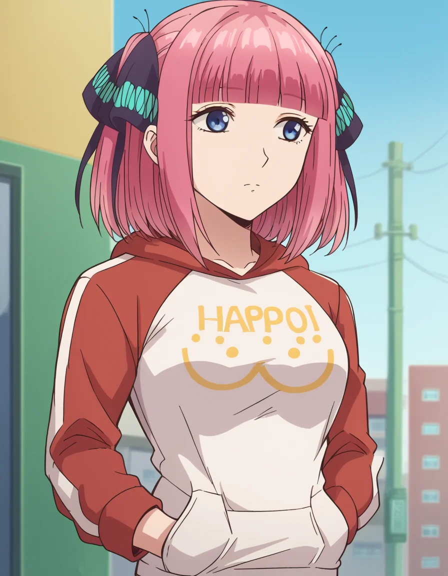 score_9, score_8_up, score_7_up, source_anime, <lora:nnakano-s1-ponyxl-lora-nochekaiser:1>, short hair, bangs, blue eyes, hair ornament, hair ribbon, pink hair, blunt bangs, two side up, butterfly hair ornament, mature female,, <lora:oppai-hoodie-ponyxl-lora-nochekaiser:1>, oppai hoodie, hoodie, raglan sleeves, clothes writting, hands in pocket,, outdoors, street,, cowboy shot, dutch angle, solo,