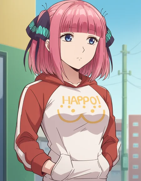score_9, score_8_up, score_7_up, source_anime, <lora:nnakano-s1-ponyxl-lora-nochekaiser:1>, short hair, bangs, blue eyes, hair ornament, hair ribbon, pink hair, blunt bangs, two side up, butterfly hair ornament, mature female,, <lora:oppai-hoodie-ponyxl-lora-nochekaiser:1>, oppai hoodie, hoodie, raglan sleeves, clothes writting, hands in pocket,, outdoors, street,, cowboy shot, dutch angle, solo,