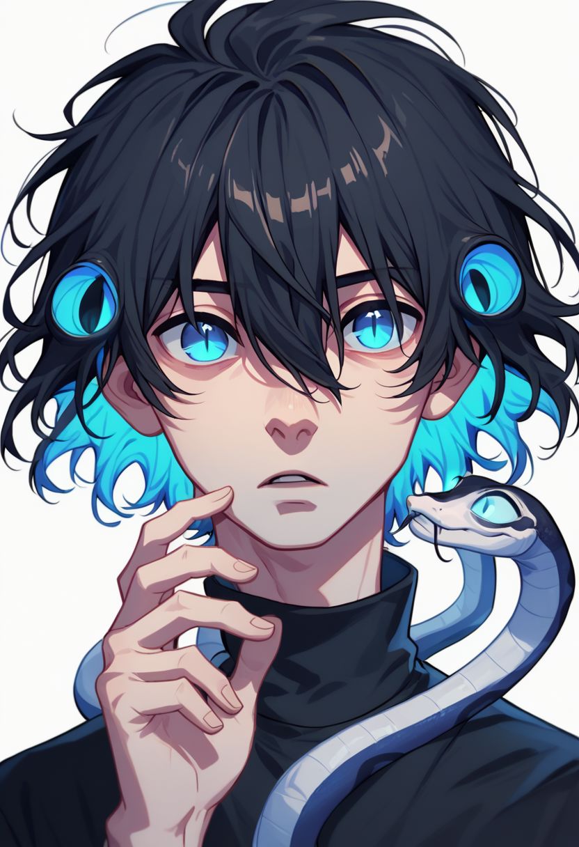 did vaporwave style, 1boy, male focus, solo, black hair,   blue eyes, parted lips, turtleneck, short hair,  black shirt,  looking at viewer, snake,  simple background, white background, hand up, portrait, glowing, shirt, hair between eyes, snakes in hair,  horror (theme),  glowing,  zPDXL2