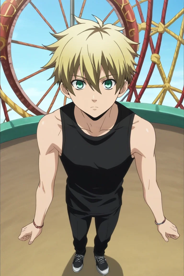 score_9, score_8_up, score_7_up, source_anime, rating_safe, , anime screencap, , , looking at viewer, , 1boy, solo, male focus, <lora:liberta_arcana_famiglia_pony:0.78>, liberta_arcana_famiglia, blonde hair, green eyes, short hair, hair between eyes, from above, full body, amusement park, carousel, ferris wheel, dark, yoga, expressionless, , <lora:sdxl_lightning_8step_lora:1>