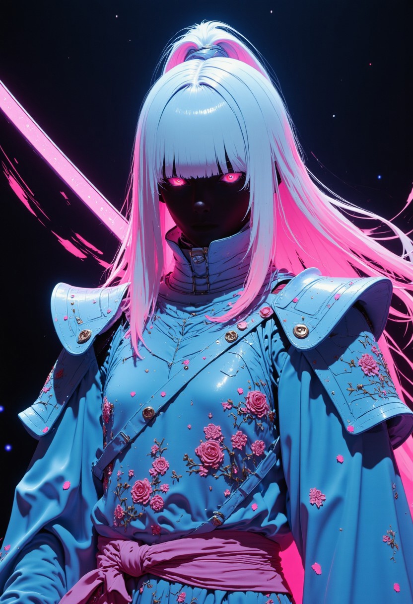 Flashy combat stance, ethereal pink-and-blue mist swirling around, mid-motion high-energy battle moment, soft-focus anime elegance, extreme close-up of a cotton candy-colored ronin, futuristic pastel samurai armor with holographic sakura etchings, high-collared translucent pearl-plated shoulder guards, dreamlike glow, cinematic neon lighting, pastel pink-and-cyan two-tone color scheme, highly detailed macro portrait with soft-focus bokeh, 64-megapixel DSLR, deep black and vibrant neon
