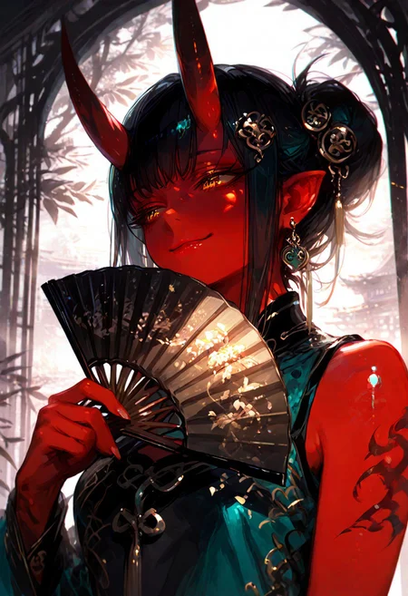 masterpiece, best quality, hyper-realistic, ultra-HD, intricate textures, luminous lighting, cinematic ambiance, shimmering gradients, ethereal glow, deep contrast, soft volumetric fog, subtle particles, radiant reflections, rich color tones, seductive atmosphere, captivating sensuality, Cinematic Lighting,Shadow,backlit, backlighting,
BREAK
plump glossy lips, flushed cheeks, alluring expression,
BREAK
raytracing, volumetric lighting, ambient occlusion, intricate cinematic background,intimate and seductive, crafted to captivate and seduce.
BREAK
(sexy, slutty, hot, aroused)
Aka-Oni, oni, colored skin, red skin, straight horns, detail eyes,
(Sexy lips),
long_hair, looking_at_viewer, smile, colored eyelashes, hair_ornament, dress, holding, closed_mouth, jewelry, bare_shoulders, upper_body, earrings, hair_bun, makeup, chinese_clothes, hand_fan, folding_fan, holding_fan, cheongsam