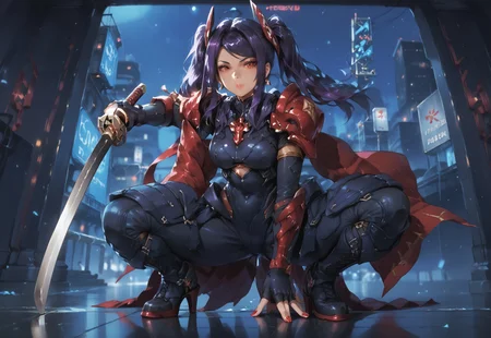 score_9, score_8_up, score_7_up, 1girl, tanned skin, jill stingray, twintails, dark purple hair, bright red eye implant, impaling, holding high tech red katana,earrings, dark red and black armor, greaves, crouching, one hand on ground between legs, alloy scabbard, low angle, BREAK neon lit city, rooftops, dark night, high contrast, detailed face, sharp focus on face,