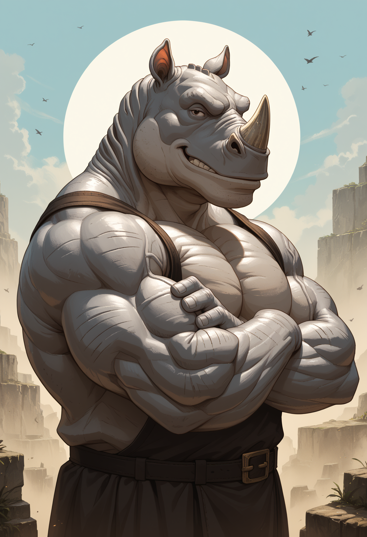 zPDXL3, score_9, score_8_up, score_7_up, detailed face, detailed body, detailed background, perfect anatomy, masterpiece, high quality, best quality, outdoors BREAK by lovkuma, <lora:Lovkuma_Style_V1:1> rhino, anthro, muscular, half-length portrait, big pecs, crossing arms, smirking at viewer, side view