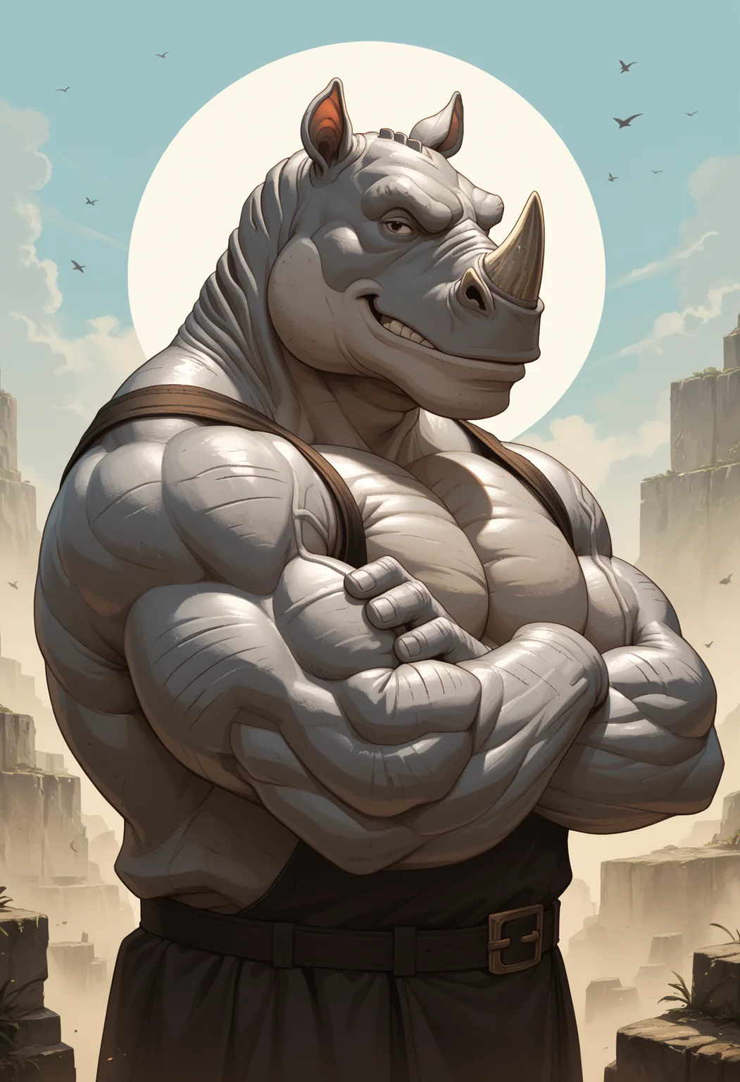 zPDXL3, score_9, score_8_up, score_7_up, detailed face, detailed body, detailed background, perfect anatomy, masterpiece, high quality, best quality, outdoors BREAK by lovkuma, <lora:Lovkuma_Style_V1:1> rhino, anthro, muscular, half-length portrait, big pecs, crossing arms, smirking at viewer, side view