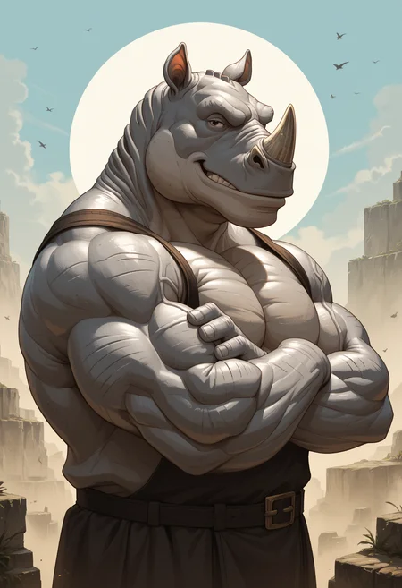 zPDXL3, score_9, score_8_up, score_7_up, detailed face, detailed body, detailed background, perfect anatomy, masterpiece, high quality, best quality, outdoors BREAK by lovkuma, <lora:Lovkuma_Style_V1:1> rhino, anthro, muscular, half-length portrait, big pecs, crossing arms, smirking at viewer, side view