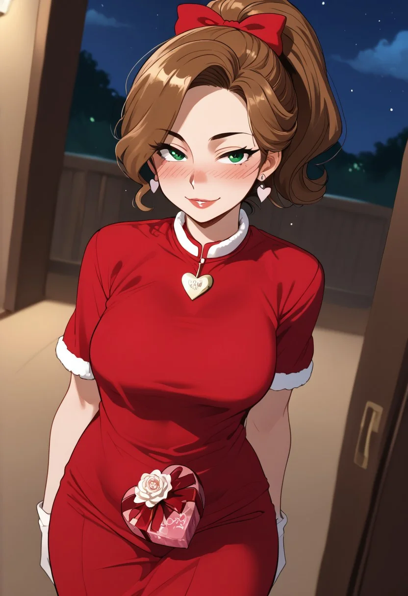 <lora:ratatatat74_style_pdxl_goofy:1>, 1girl, solo, score_7_up, mature mother, caramel hair, ponytail hair, green eyes, tanline, (flirty expression:1.2), depth of field, (valentines costume), night valentines setting, dutch angle, ht_sanjimerisa, sfw, safe for work