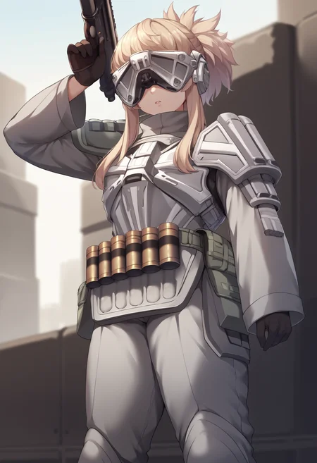 score_9, score_8_up, score_7_up, source_anime BREAK 1girl, solo, <lora:product23_pinne-nikke-richy-v1_pdxl:1> prdct23, visor \(armor\), covered eyes, blonde hair, armor, shoulder armor, long sleeves, gloves, grey pants, standing, parted lips, ammunition belt, ammo belt, shotgun, science fiction, huge weapon, holding gun, two-handed, sleeves past wrists, arm up