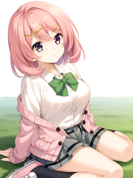 <lora:ESCUDE_-_Haison_Shoujo:1>,escude,yuzuriha,skirt,pink hair,shoes,hair ornament,grey skirt,simple background,socks,white shirt,shirt,pleated skirt,hairclip,school uniform,bow,medium hair,black socks,bowtie,pink cardigan,pink footwear,cardigan,bangs,breasts,green bow,pink eyes,outdoors,pond,, score_9, score_8_up, score_7_up,source_anime,(masterpiece),(best quality),(ultra-detailed),(best illustration),(best shadow),(absurdres),(detailed background),(very aesthetic),source_anime