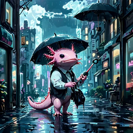 axomodelxl, axolotl holding an umbrella in a rainy city street, reflections on wet pavement, neon signs
