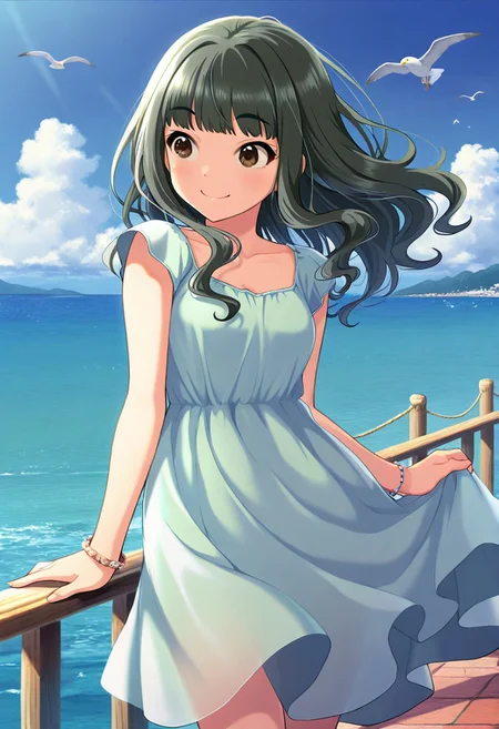 masterpiece,best quality,amazing quality, fujii tomo, brown eyes, dark green hair, 1girl, solo, dress, long hair, bird, bracelet, outdoors, ocean, seagull, day, smile, sky