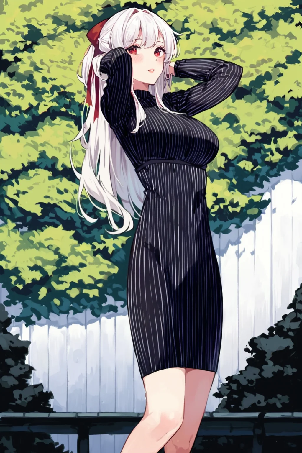 score_9, score_8_up, score_7_up, rating_mature, matou sakura, dark sakura, 1girl, black dress, body markings, breasts, dress, hair ribbon, long hair, long sleeves, red eyes, ribbon, striped clothes, striped dress, vertical-striped clothes, vertical-striped dress, white hair, solo, solo focus, , night, dark, forest, Standing on a rooftop, arms raised, celebrating a moment of triumph., <lora:dappermouth:1>âââ