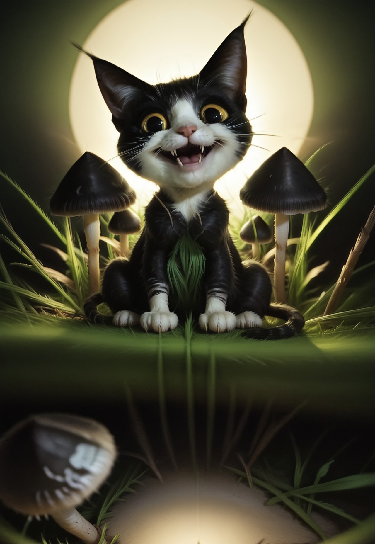 score_9, score_8_up, score_7_up, score_6_up, score_5_up, score_4_up, BREAK ((smile)), a crazy looking cat with very happy face in dark-grasshrooms, dark, backlit, low key, sidelight, depth of field, blurry foreground, dark-grasshrooms