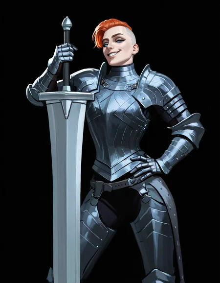 1girl, black-armor, white-armor, split-theme, short-hair, buzzcut, blue-eyes, smug, scar-on-face, oversized-sword, posing, by reznicek, newest, masterpiece, best quality, absurdres, highres