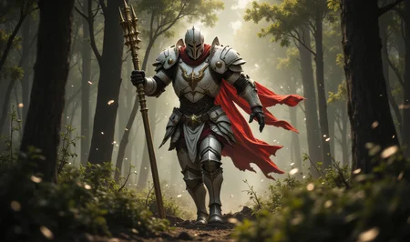 A portrait of a white and red knight running trough the forest, holding a golden spear, cinematic, FredFraiStyle