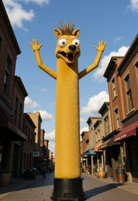 The image is a photograph of a very tall, inflatable Scrat with wavy raised arms in a detailed post-apocalyptic town setting. Rendered in the highest quality,