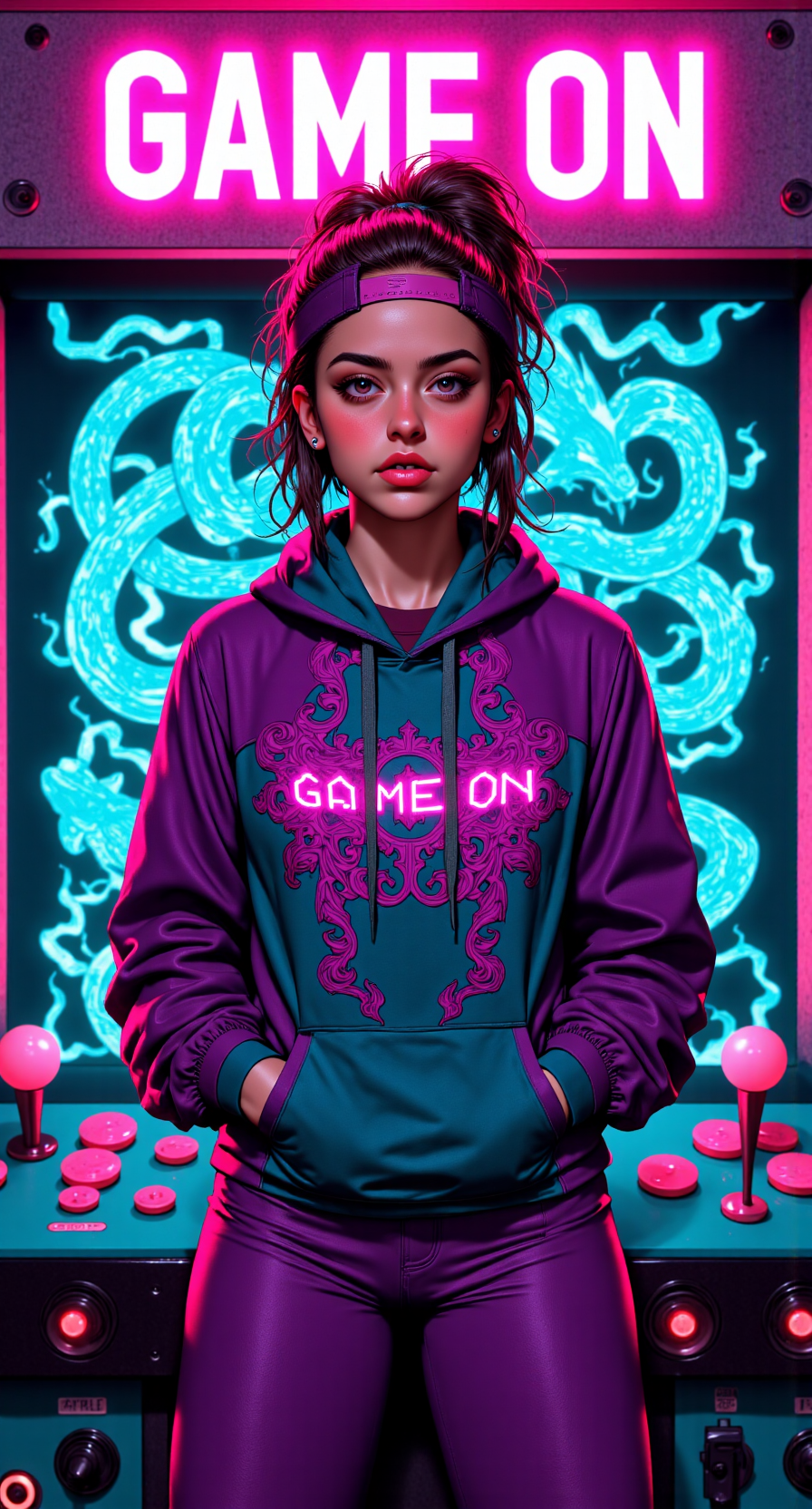 Waist-up shot of a photorealistic woman standing in front of a glowing arcade cabinet with a pixel art dragon wrapping around it. She’s wearing a shiny windbreaker in purple, teal, and hot pink, hair teased and side-swept under a backwards snapback. Her pose is confident, one hand on the joystick, the other in her pocket. A neon sign above reads “GAME ON” in flickering lights.

photorealistic, 90s neon arcade lighting, electric color contrast, teal/purple/pink palette, clean but energetic composition, stylish retro fashion, high-res textures, rad nostalgia





fmlas-mk.1, mythp0rt,