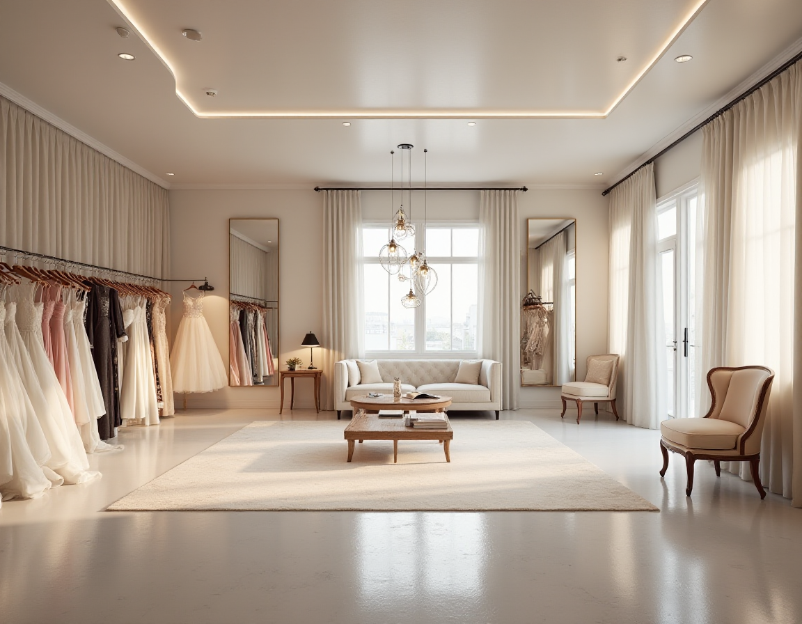 <lora:JJsBridalStore_Flux:1> ((bridal store)) , ((best quality)),((masterpiece)),((realistic)),indoors, mirror, reflection, chair, sofa, curtain, table, photorealistic, authentic, indoor scenery, highly detailed, ceiling light, cloth, glass, sky, center composition,