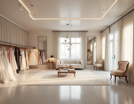 <lora:JJsBridalStore_Flux:1> ((bridal store)) , ((best quality)),((masterpiece)),((realistic)),indoors, mirror, reflection, chair, sofa, curtain, table, photorealistic, authentic, indoor scenery, highly detailed, ceiling light, cloth, glass, sky, center composition,