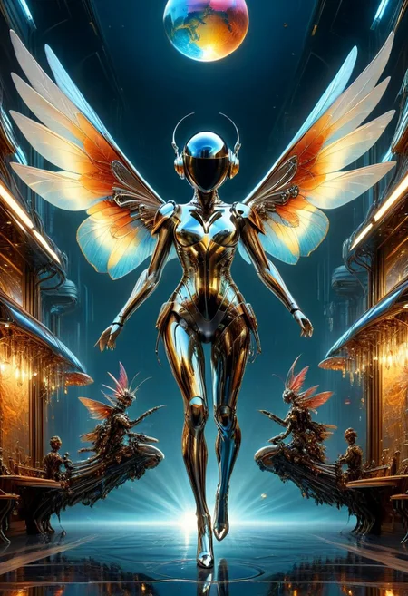 Cyberpunk theme, chrome cyberpunk fairy, flying in futuristic carnival, high contrast lighting, sci-fi elements, 3d rendering, inspired by ralph mcquarrie,
, atmospheric, Max Details, sharp focus, high contrast, stylized, dark, clear, surreal, ultra quality, 8k, best quality, masterpiece,
midjourneyv6.1, colorful, qu4ntum