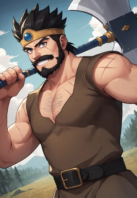score_9, score_8_up, OrtegaDQ, black hair, short hair, gray eyes, beard, mustache, mature male, muscular, circlet, dark-brown tunic, black belt, looking at viewer, smile, dynamic pose, detailed background, dutch angle, forest, blue sky, clouds, upper body, scars on body, hairy arms hairy chest, hairy legs, holding axe, weapon over shoulder,