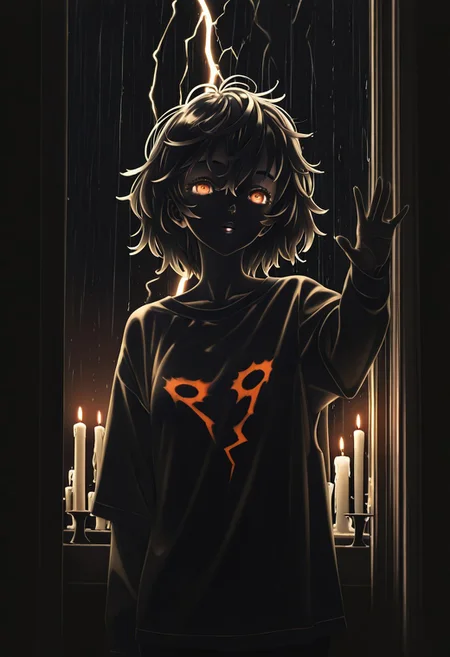 1girl, black hair, silhouette under shirt, many candles, candles in the front, candles below her, underlighting, very dark background, dark indoors, night, heavy rain, messy hair, hand reaching window, lightning and storm outside the window, standing by the window, amber eyes, (by mizumi zumi), (by yoshida keiji), (by nishieda), masterpiece, best quality, good quality, very awa, newest, highres, absurdres, detailed facial expression, detailed eyes, (lazypos),