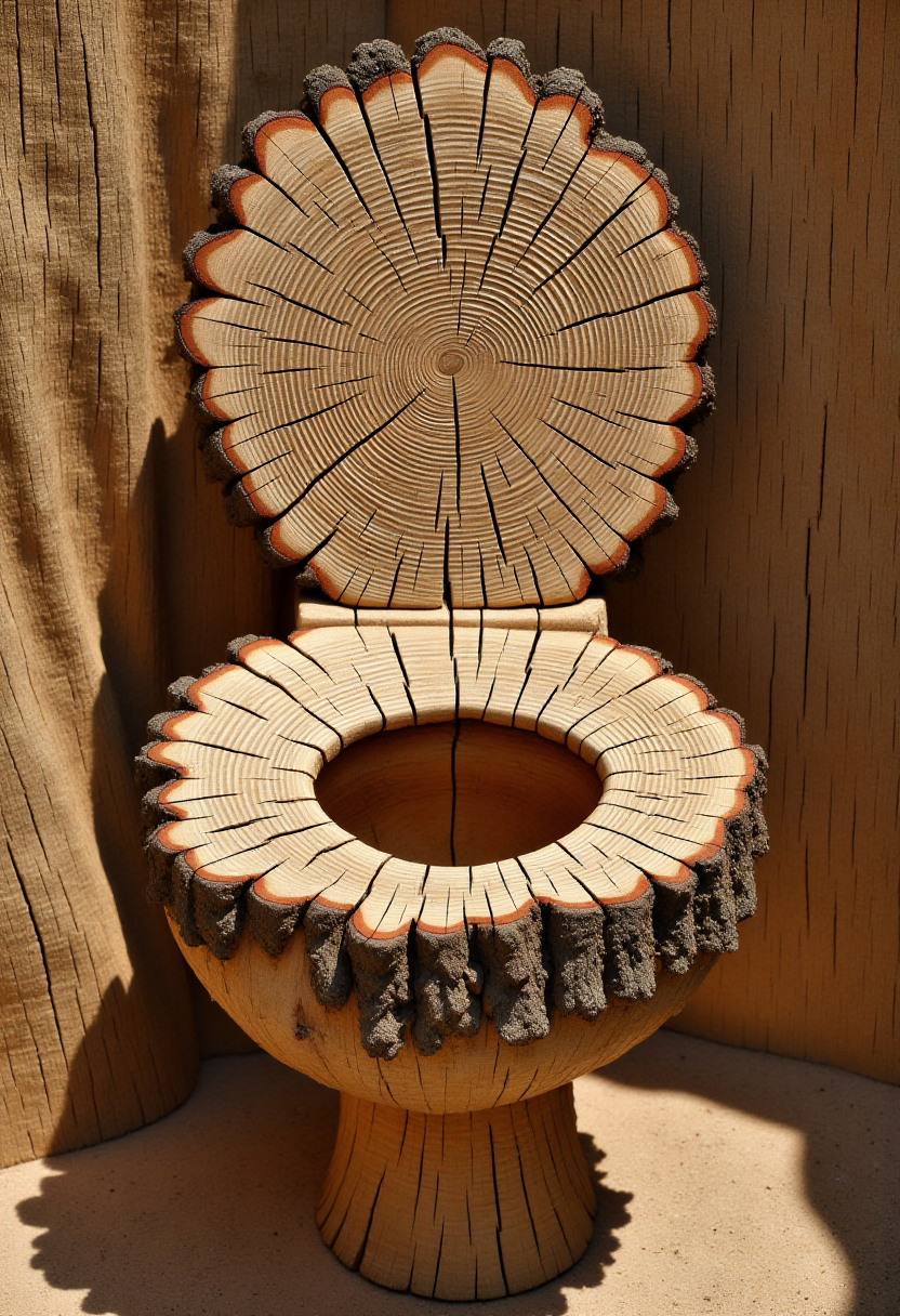 <lora:Tree_Ring_Trunkator_FLUX:0.9>
The image is a photograph showcasing a detailed wooden carving of a toilet, crafted from a tree trunk.