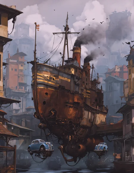 Art by Alejandro Burdisio. A digital illustration shoot from below about a steampunk-inspired scene featuring a large, rusted ship floating in a foggy harbor, surrounded by colorful buildings and two blue vintage cars. the ship, named "el pocho," is in the center of the image, with a smokestack and a tall, cylindrical chimney. it appears to be in a state of disrepair, with rust and decay visible on its hull. on either side of the ship are smaller, blue cars, suspended in mid-air by wires. the scene is set against a hazy, misty background with a few birds flying around, adding to the sense of depth and atmosphere. the overall color palette is muted, with shades of blue, orange, and yellow dominating the scene.