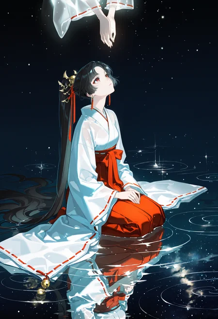 gw, glowing, night, night sky, 1girl, solo, white kimono, black hair, long sleeves, makeup, hair ornament, red eyes, closed mouth, very long hair, ponytail, earrings, japanese clothes, see-through, wide sleeves, ribbon trim, hakama, jingle bell, ribbon-trimmed sleeves,eyeliner, red hakama, hakama skirt, seiza, jewelry, Girl Focus, sitting, look up,firm look, partially submerged, ripples, reflection, reflective water, reflective floor, shallow water,