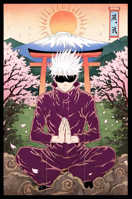 score_9, score_8_up, score_7_up, score_6_up, score_5_up, score_4_up, <lora:GojoSatoruPony:0.6> SatoruGojo, white hair, purple pants, high collar, blindfold, covered eyes, black blindfold, purple jacket, purple pants, 1boy, solo, alone,  <lora:traditional_japanese_art_illustriousXL-000031:1>, traditional japanese art,meditation, masterpiece, highres, sunset, mount fuji background, sun, torii, cherry blossoms, petals, falling petals, tree, spring, sunset, sun, sun partially hidden by mount fuji