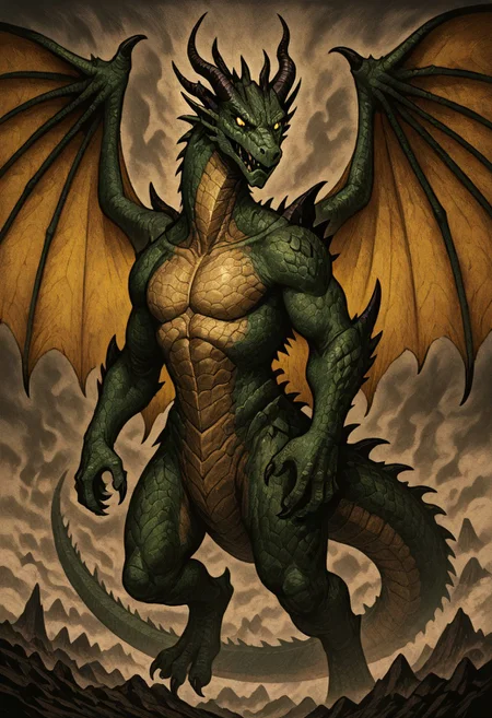masterpiece, best quality, newest, absurdres, highres, HORCOMV1.0,
monster, no humans, dragon, wings, tail, wings, dragon wings, dragon horns, horns, multiple horns, green scales, yellow eyes,