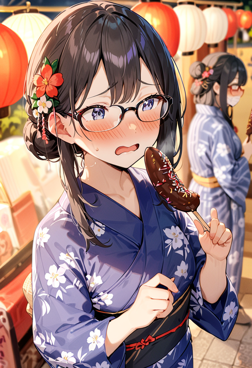 masterpiece, best quality, very aesthetic, absurdres,
chocolate banana, 1girl, solo, glasses, black hair, food, long hair, blush, holding, holding food, yukata, floral print, hair ornament, hair flower, hair bun, uchiwa, paper fan, paper lantern, night, blurry background, embarrassed, 
<lora:chocolate_banana_SDXL_V1:1>