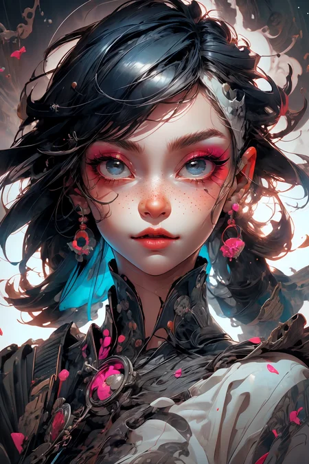 close-up shot, woman, gothic make-up, detailed skin, light freckles, shallow depth of field, OverallDetail
<lora:more_details:0.4>
 <lora:Cosmic anime-oil fusion v2:0.45> 
<lora:AnimeVibesV3:0.3> animevibes, 
<lora:3DMM_V11:0.5> 3DMM 
<lora:midjourney_20230624181825:0.7> midjourney ,
 <lora:LAS:0.5> cloud,colorful,
<lora:msw_locon-t2:0.6>
 <lora:wuxia2:0.6> gu,
 <lora:CyberpunkStyleV1:0.2> PunkAI ,
<lora:CatgirlMaidV1.0-000003:0.35> CatgirlMaid, shiny, shiny hair, shiny skin, shiny clothes