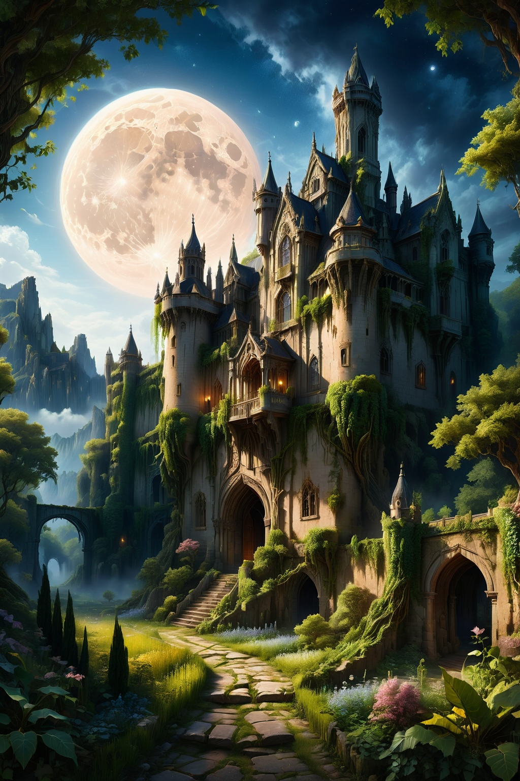 Ultra-realistic style, masterpiece quality, highly detailed. An ancient castle with weathered stone walls, intricate carvings, and textured surfaces. Vines and ivy climb up the sides, adding an aura of timelessness. Set against a night sky, the scene is illuminated by the subtle, silvery glow of the moon partially hidden behind wispy clouds. Shadows dance across the castle's façade, highlighting the gothic architecture and giving it a mysterious, almost haunting beauty. The atmosphere is both eerie and majestic, capturing the essence of an old-world fortress under the quiet night sky.
<lora:ral-fntsyrlms-sdxl:0.8> ral-fntsyrlms,
<lora:add-detail-xl:1.0>,
<lora:SDXLFaeTastic2400:0.8>,
<lora:EnvyBetterHiresFixXL01:1.0>,
<lora:extremely_detailed:1.5>, extremely detailed, 
<lora:gorgoeus_splash_of_vibrant_paint:0.8> Gorgeous splash of vibrant paint,