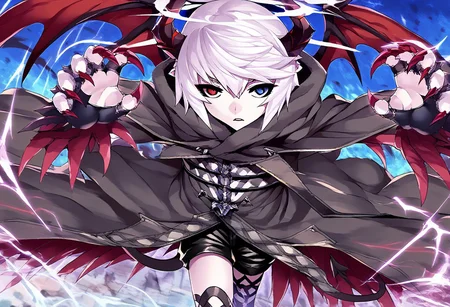 Score_9, Score_8_up, Score_7_up, Score_6_up, Score_5_up, Source_anime, rating_safe, 1boy, Vandelieu, emotionless face, white hair, heterochromia, red and blue eyes, black shirt, black shorts, black trenchcoat, walking, looking at viewer, {{{claw, sharp nails, very long fingernails:2}}}, claw pose, seraph wings, 6 wings, red crown halo, demon horns, ram horns, dark kingdom, dutch angle