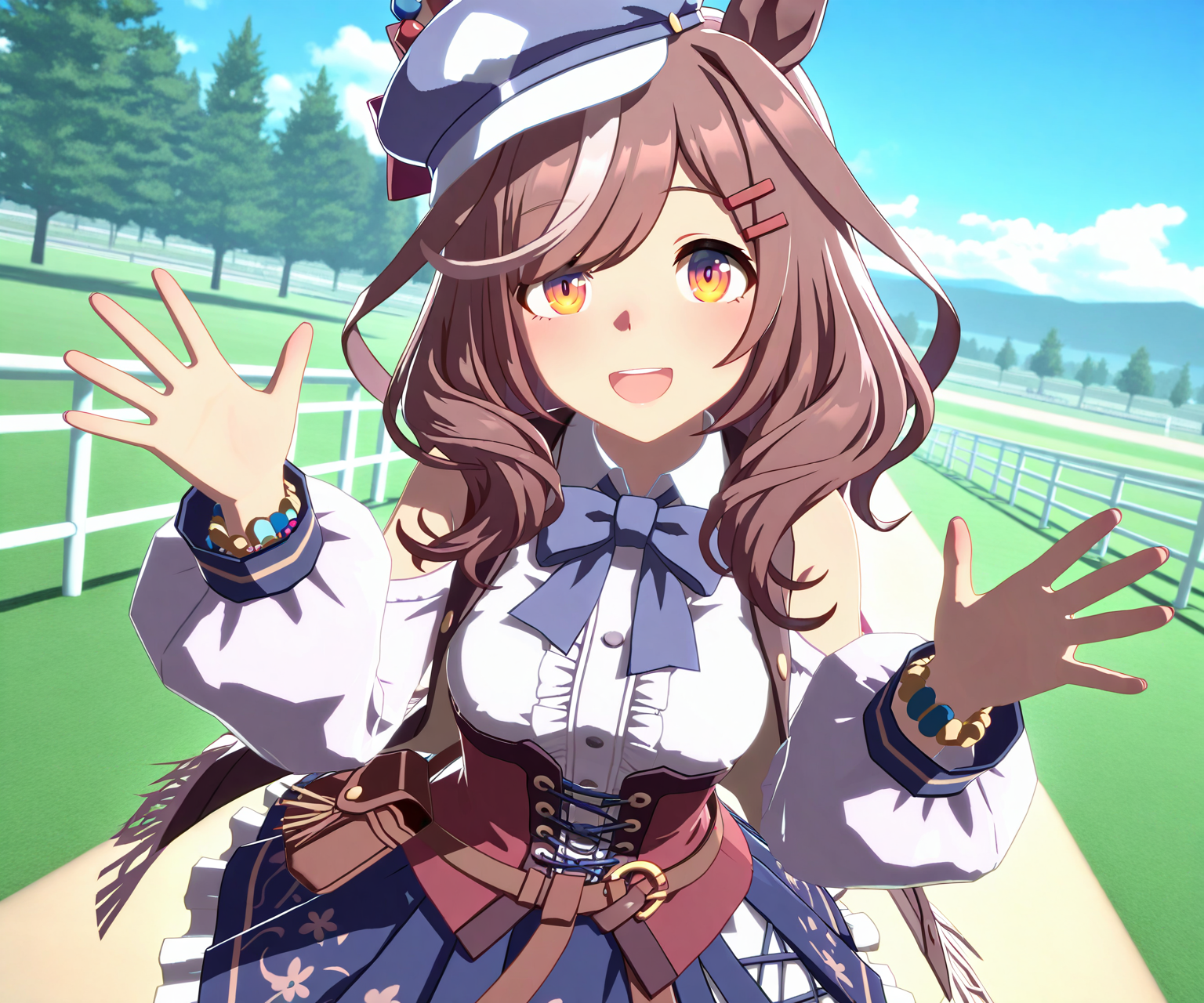masterpiece, best quality, amazing quality, , 1girl, solo, looking at viewer,  <lora:Matikane Tannhauser in game style 3D ILL-v2:1> ummsmingame, 3d, matikane tannhauser (umamusume),smile, open mouth,