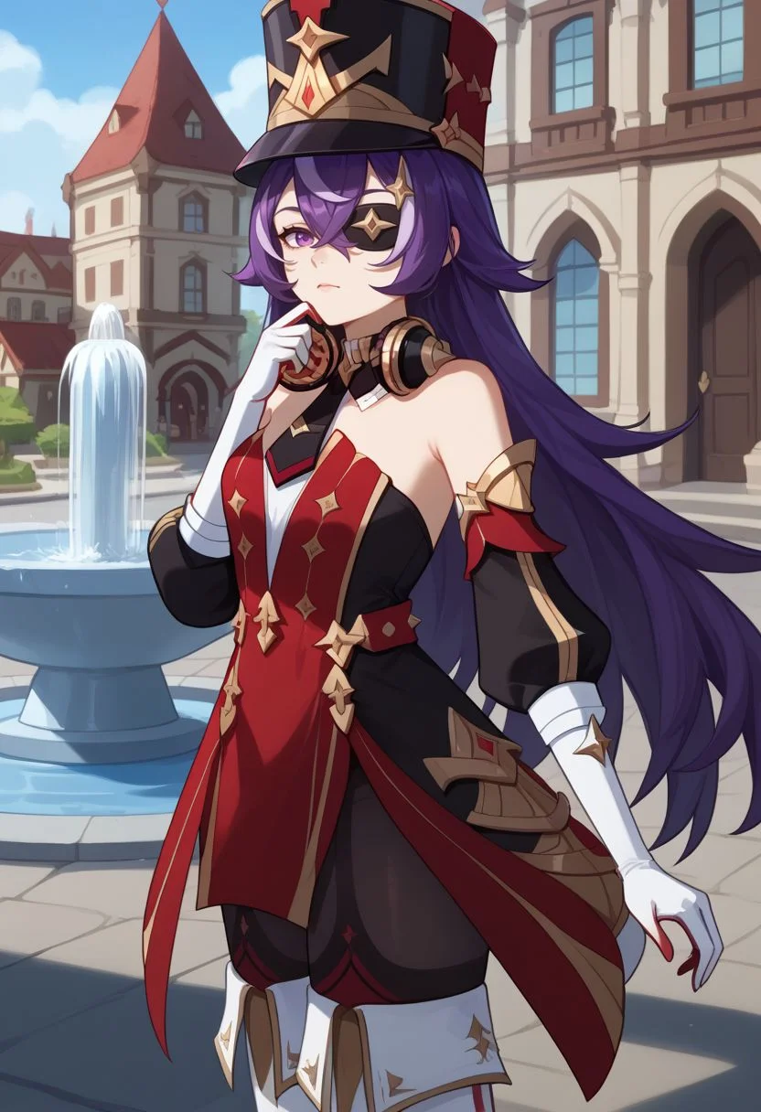 score_9, score_8_up, score_7_up, source_anime, 1girl, chevydef, purple eyes, purple hair, streaked hair, long hair, pointy hair, hair between eyes, eyepatch, mole under mouth, earmuffs, shako cap, gold trim, black necktie, red dress, strapless dress, puffy detached sleeves, bare shoulders, black headwear, detached collar, white gloves, black pantyhose, white footwear, thigh boots, standing, expressionless, looking at viewer, outdoors, renaissance town, fountain, cowboy shot, <lora:Chevreuse_v1-000010:1>
