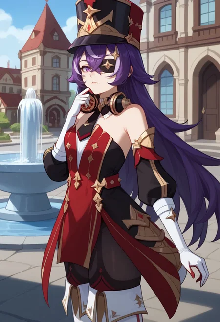 score_9, score_8_up, score_7_up, source_anime, 1girl, chevydef, purple eyes, purple hair, streaked hair, long hair, pointy hair, hair between eyes, eyepatch, mole under mouth, earmuffs, shako cap, gold trim, black necktie, red dress, strapless dress, puffy detached sleeves, bare shoulders, black headwear, detached collar, white gloves, black pantyhose, white footwear, thigh boots, standing, expressionless, looking at viewer, outdoors, renaissance town, fountain, cowboy shot, <lora:Chevreuse_v1-000010:1>