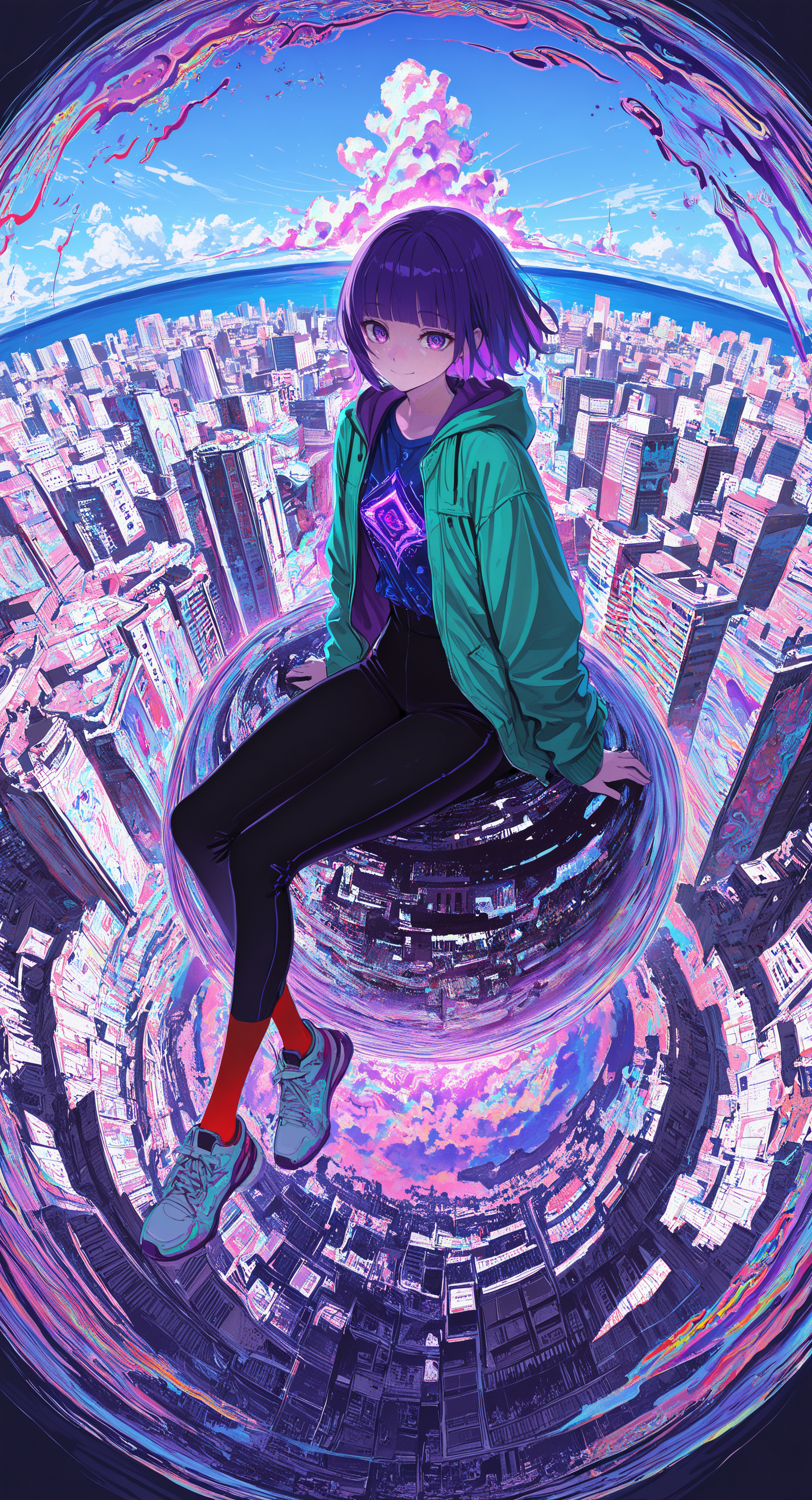 masterpiece, best quality, good quality, very awa, newest, highres, absurdres, 1girl, solo, looking at viewer, smile, short hair, shirt, long sleeves, closed mouth, sitting, blue hair, jacket, purple eyes, full body, purple hair, outdoors, open clothes, sky, shoes, socks, pants, day, cloud, hood, blunt bangs, open jacket, blue sky, black pants, ocean, blue shirt, blue jacket, sneakers, building, scenery, green jacket, city, cityscape, print shirt, fisheye, red socks, limited palette, sketch, glowing, psychedelic, <lora:illustriousXL_stabilizer_v1.23:0.3> <lora:NOOB_vp1_detailer_by_volnovik_v1:0.3> <lora:ponyv6_noobE11_2_adamW-000017:0.3> <lora:114558v4df2fsdf5:1> <lora:mon_monmon2133:0.6>