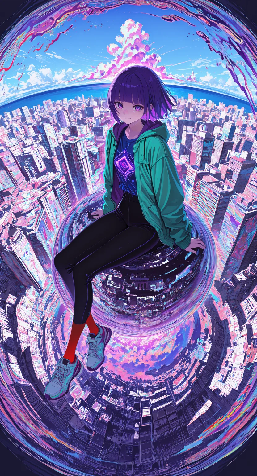 masterpiece, best quality, good quality, very awa, newest, highres, absurdres, 1girl, solo, looking at viewer, smile, short hair, shirt, long sleeves, closed mouth, sitting, blue hair, jacket, purple eyes, full body, purple hair, outdoors, open clothes, sky, shoes, socks, pants, day, cloud, hood, blunt bangs, open jacket, blue sky, black pants, ocean, blue shirt, blue jacket, sneakers, building, scenery, green jacket, city, cityscape, print shirt, fisheye, red socks, limited palette, sketch, glowing, psychedelic, <lora:illustriousXL_stabilizer_v1.23:0.3> <lora:NOOB_vp1_detailer_by_volnovik_v1:0.3> <lora:ponyv6_noobE11_2_adamW-000017:0.3> <lora:114558v4df2fsdf5:1> <lora:mon_monmon2133:0.6>