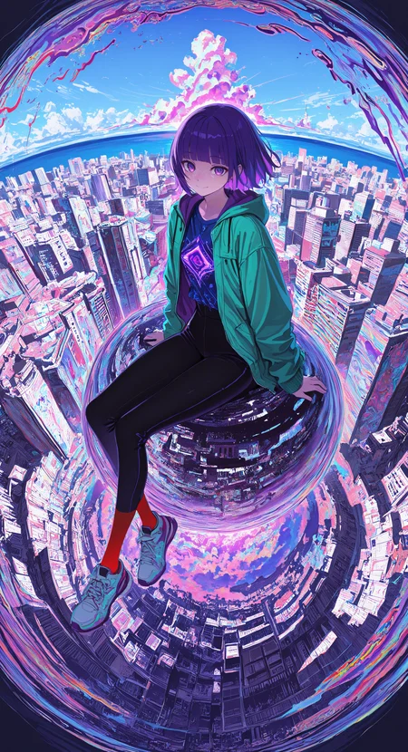 masterpiece, best quality, good quality, very awa, newest, highres, absurdres, 1girl, solo, looking at viewer, smile, short hair, shirt, long sleeves, closed mouth, sitting, blue hair, jacket, purple eyes, full body, purple hair, outdoors, open clothes, sky, shoes, socks, pants, day, cloud, hood, blunt bangs, open jacket, blue sky, black pants, ocean, blue shirt, blue jacket, sneakers, building, scenery, green jacket, city, cityscape, print shirt, fisheye, red socks, limited palette, sketch, glowing, psychedelic, <lora:illustriousXL_stabilizer_v1.23:0.3> <lora:NOOB_vp1_detailer_by_volnovik_v1:0.3> <lora:ponyv6_noobE11_2_adamW-000017:0.3> <lora:114558v4df2fsdf5:1> <lora:mon_monmon2133:0.6>