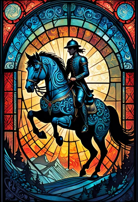 horsetrot (rubber stamp/postage stamp/woodblock print optical illusion holography  lines art illustration figures  fairytale double exposure. two parts in one art.  , fantasy, fairytale, silhouetted  modern dynamic poster, rich deep colors  comic style art on a cracked paper , fantasy,  close up filigree gracious  transparent  music, notes, music in the air,  silhouette close macro portrait, ,  night.  , dynamic pose, light on face, shadow play, perfect face, sharp  glowing eyes, by  James Jean, Craola, ,  Andy Kehoe, Dorian Vallejo,, Damian Lechoszest, Todd Lockwood, patchwork, stained glass,  storybook illustration, highly detailed unusual  beautiful details, intricated, intricated pose, tiny details masterpiece, high quality, intricated lighting, luminism, attention grabbing colors (masterclass) (female rider)