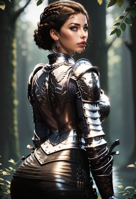 score_9, score_8_up, score_7_up, zPDXL2, zPDXLrl,
1girl, solo, d4rk_luc14n4, green eyes, brown hair, single hair bun,
((d4rkkn1ght, armor, skirt, gauntlets, earrings)),
(forest, depth of field), ((looking back, from behind)),
erotic, elegant, sensual, seductive, bright colors, high contrast, dark background, vivid lighting,
<lora:Dark_DarkKnight_Pony_v1.0:0.8>, <lora:Dark_Luciana_Pony_v0.1:0.5>