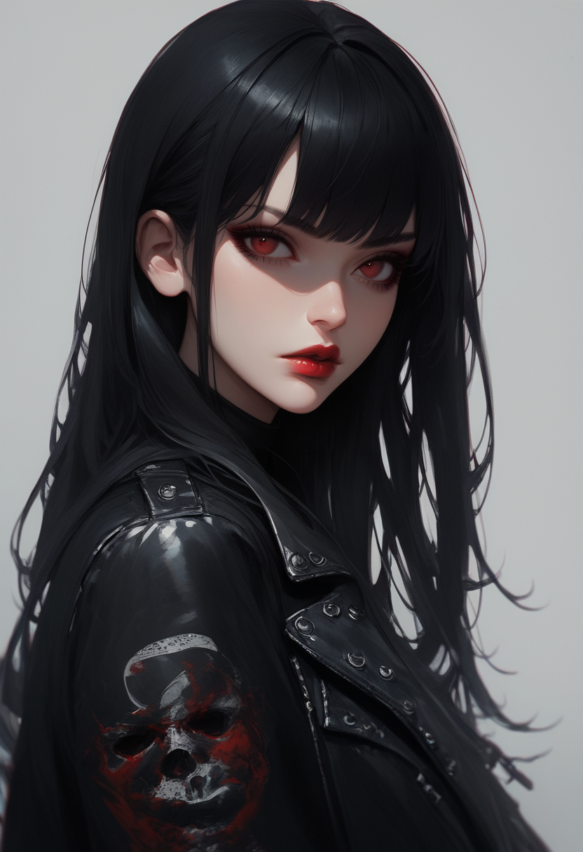 score_9, score_8_up, score_7_up,Goth girl, goth girl 1girl, 1girl,solo,long hair,looking at viewer,bangs,simple background,black hair,red eyes,jacket,upper body,parted lips,grey background,open jacket,lips,black jacket,makeup,red lips,leather jacket,   <lora:Goth_girl_XL-v2:0.8>
